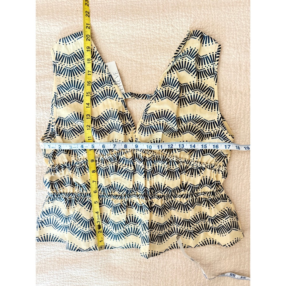EVEREVE Wyatt Art Deco Fan Print Peplum Top Navy Yellow Size L NWT - Picture 7 of 7